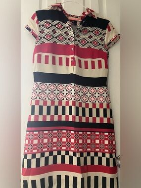 VILAGALLO Spanish Silk Stretch Horizontal Print Shirt Dress Sz 38 US 6 NEW COND